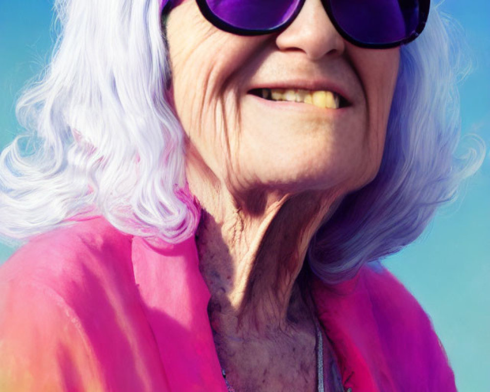 Elderly lady with white hair in purple sunglasses and colorful outfit under blue sky