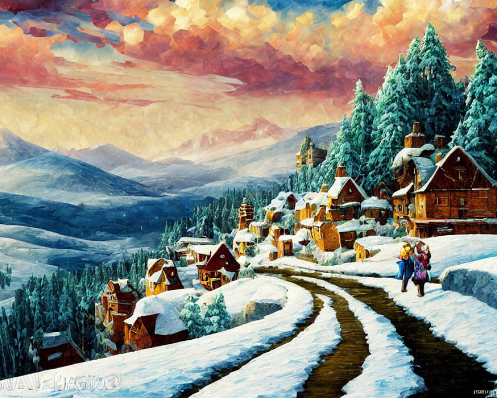 Snowy village scene with colorful skies, trees, and figures walking along a winding path.