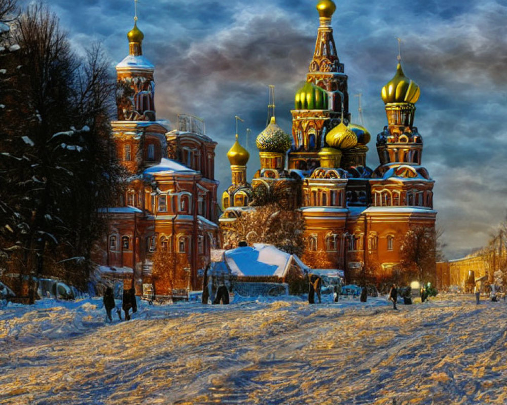 Snowy Path Leading to Vibrant Onion-Domed Cathedral at Dusk