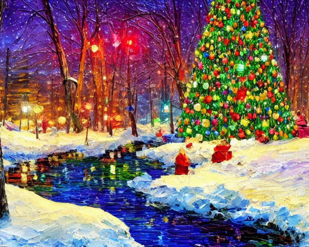 Colorful Snowy Park Scene with Christmas Tree and Festive Lights