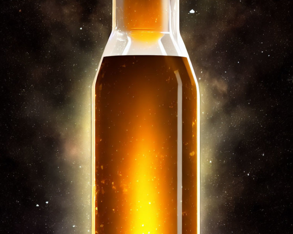 Amber-colored liquid in clear bottle on cosmic background