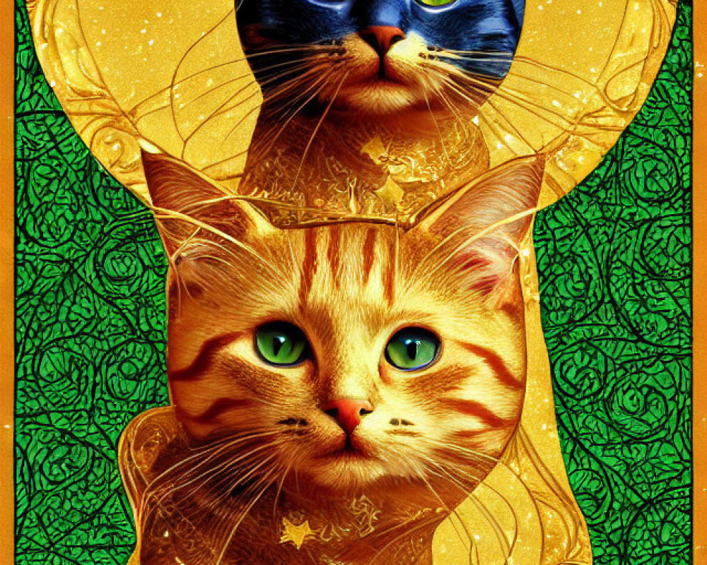 Majestic Cats Illustration on Green and Gold Background