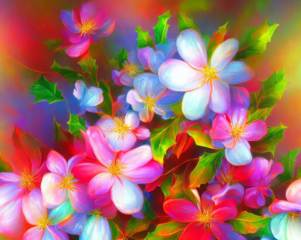 Colorful digital flowers on vibrant rainbow backdrop