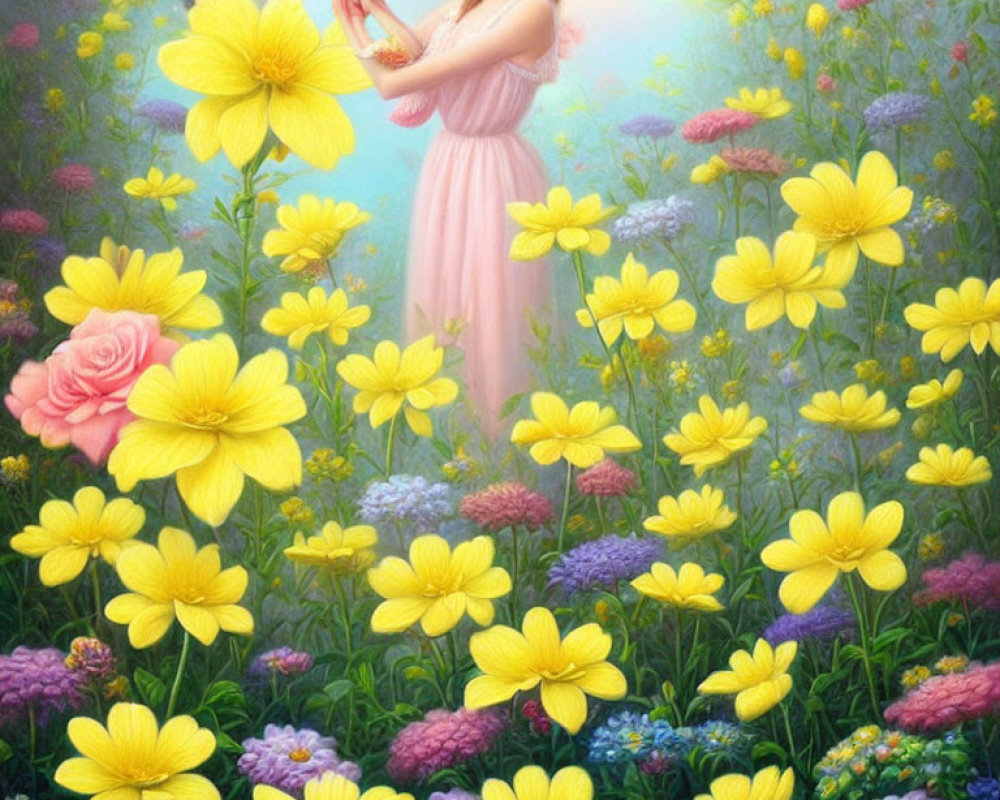 Illustration of fairy in glowing meadow with blooming flowers