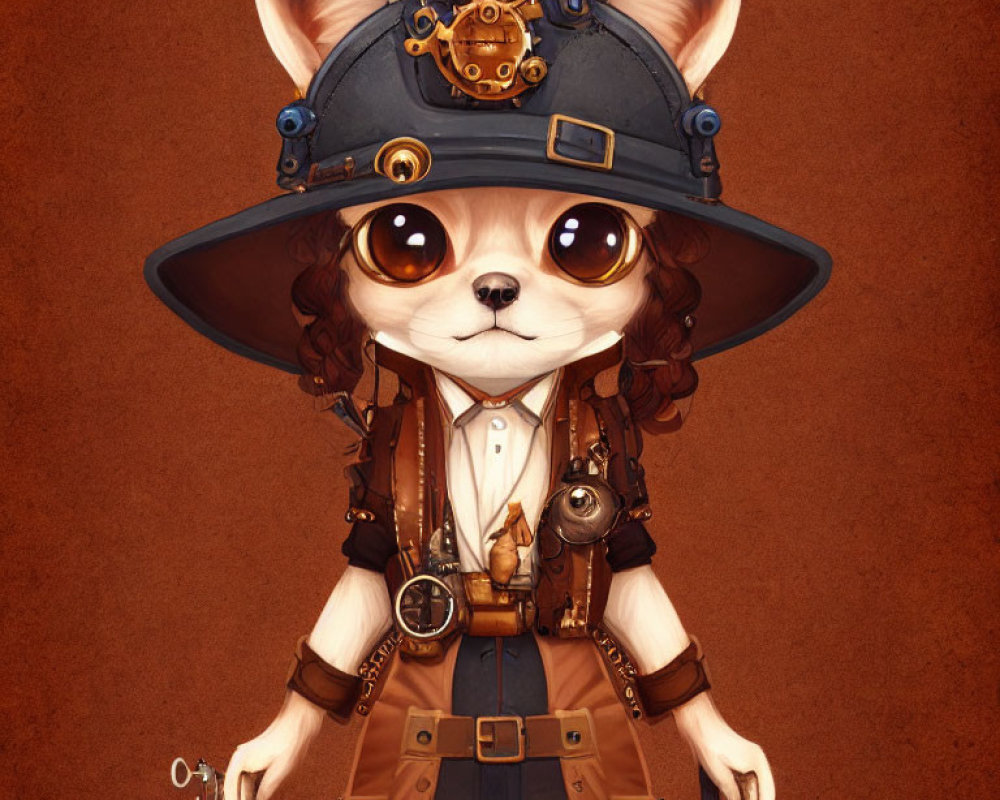 Steampunk-themed anthropomorphic chihuahua character in top hat outfit