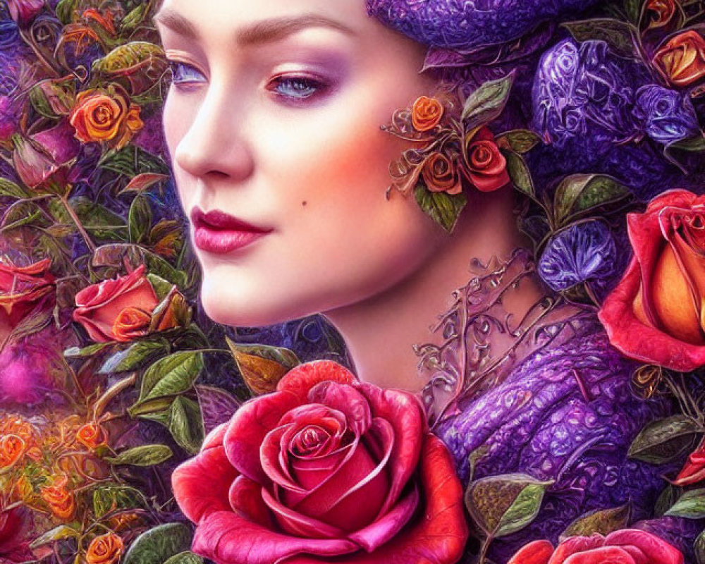 Detailed illustration of serene woman with blossoming roses and purple floral pattern