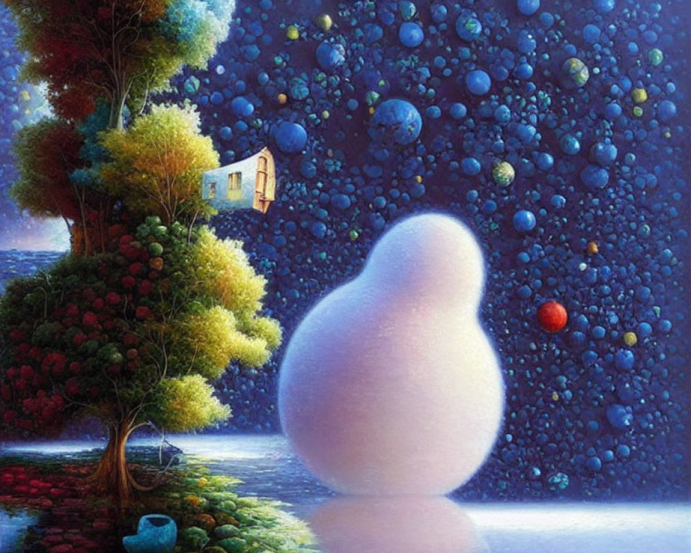 Surreal painting of glowing shape on water with trees and floating orbs