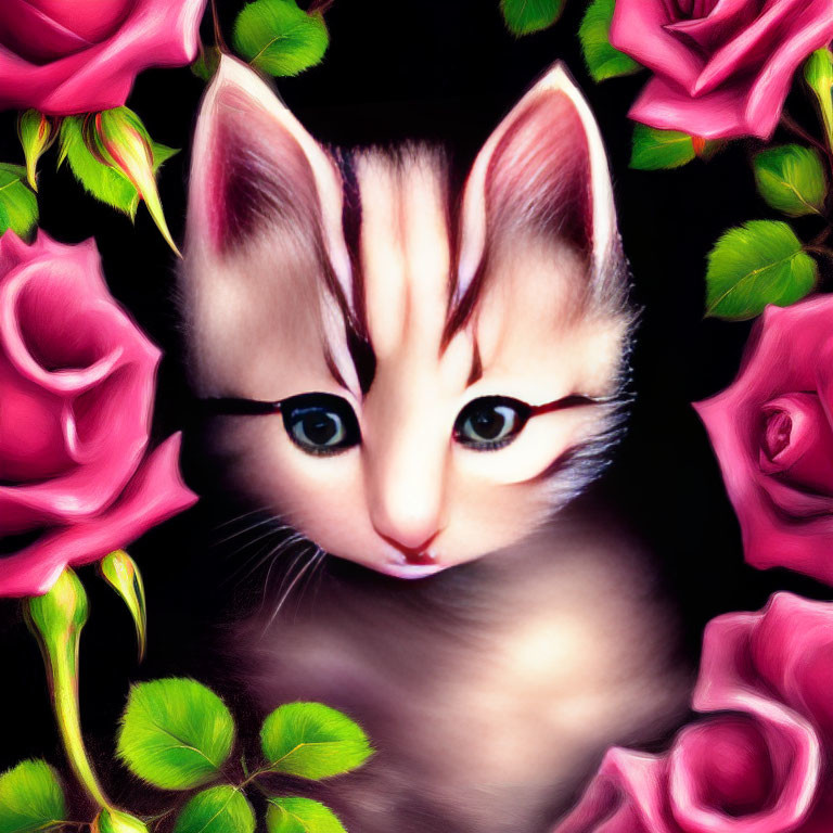 Whimsical kitten with expressive eyes and pink roses on dark background