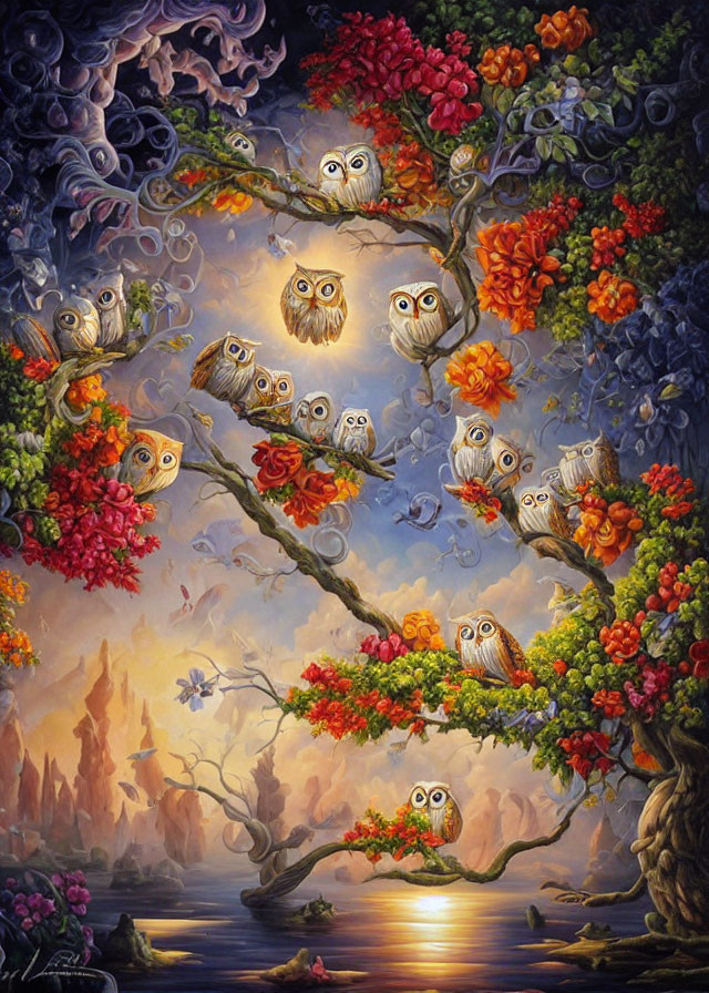 Vibrant fantasy artwork: whimsical owls, colorful flowers, misty landscape