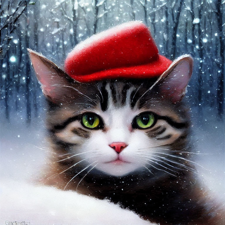 Tabby Cat with Green Eyes and Red Hat in Snowy Scene