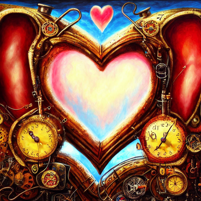 Colorful Heart-Shaped Clockwork Image with Gears and Floating Heart