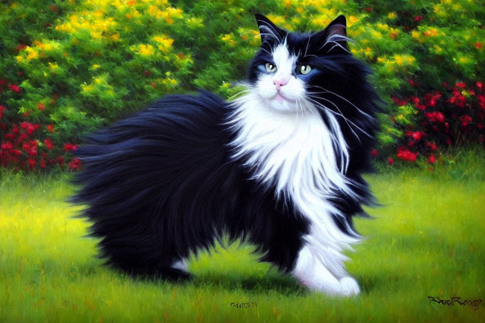 Long-Haired Black and White Cat in Field with Green Grass and Yellow Flowers