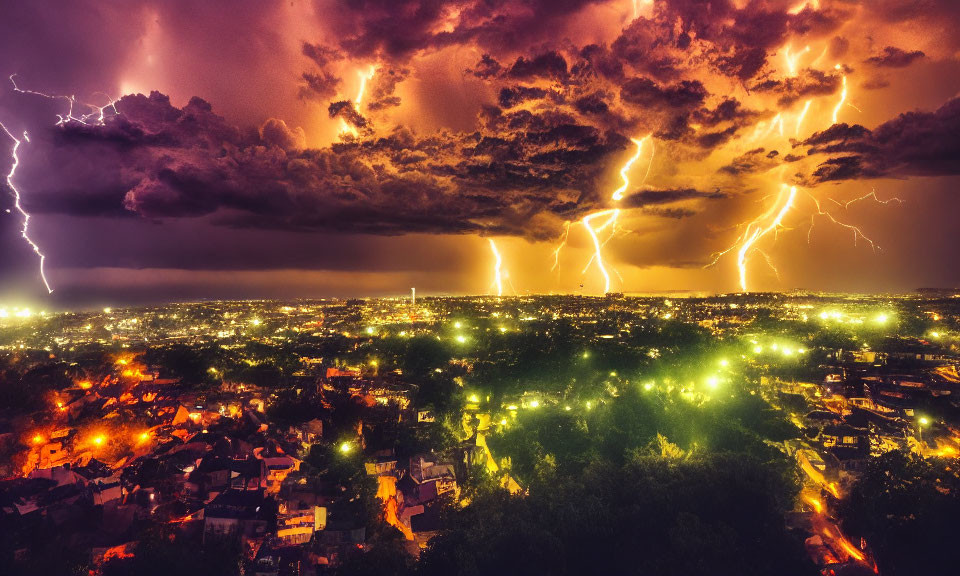 Dramatic night sky with lightning strikes over urban cityscape