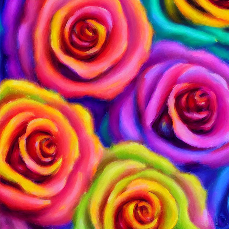 Colorful Abstract Painting of Swirling Roses in Yellow, Orange, Pink, and Purple on Blue Background