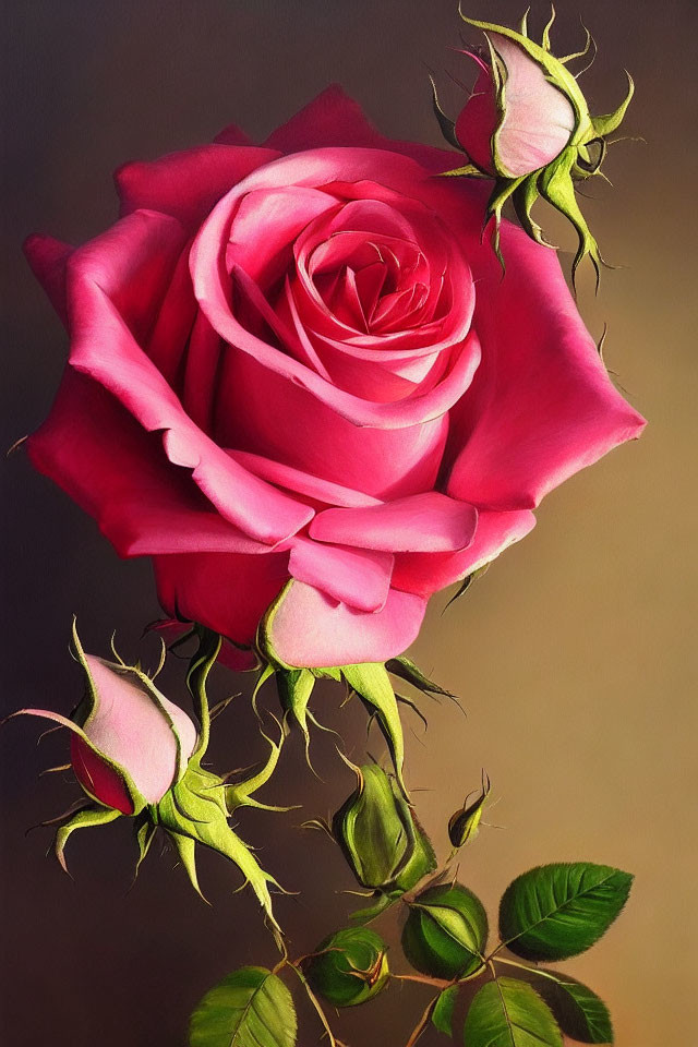 Pink Rose with Rosebuds and Green Leaves on Brown Background