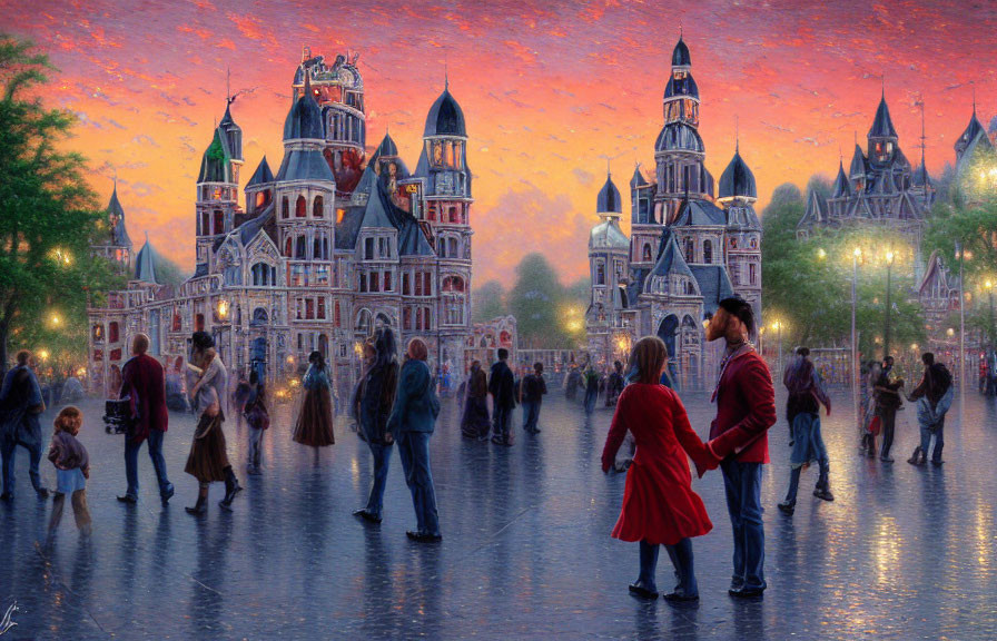 Illustration of bustling plaza at sunset with people and ornate buildings.