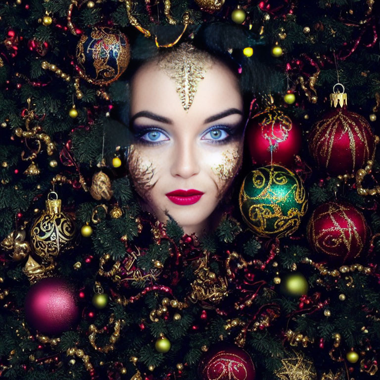 Festive Christmas tree with woman's face and gold makeup