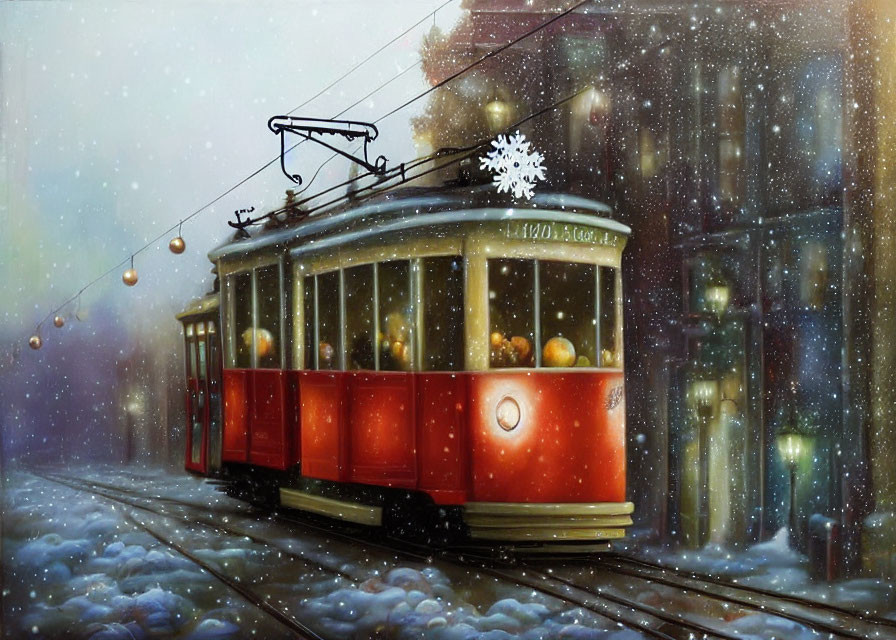 Vintage red tram on snow-covered tracks with glowing street lamps in wintery cityscape