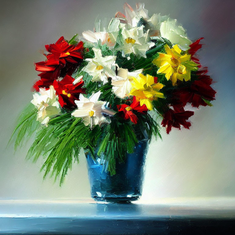 Colorful oil painting of red, white, and yellow flowers in blue vase