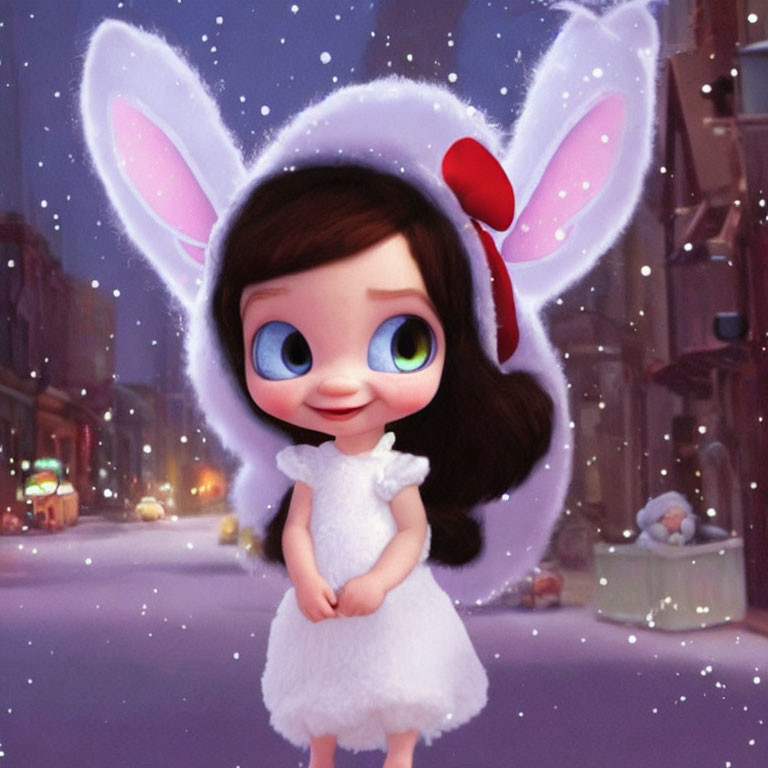 Animated girl in fluffy dress with bunny ears on snow-covered city street