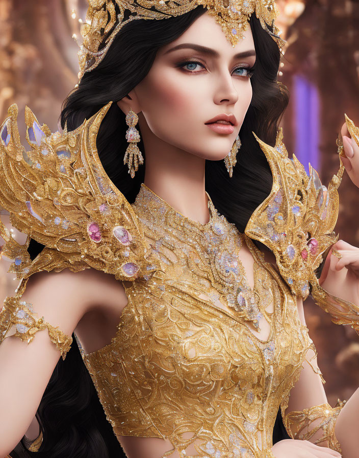 Piercing Blue-Eyed Woman in Golden Gown Amid Enchanted Forest