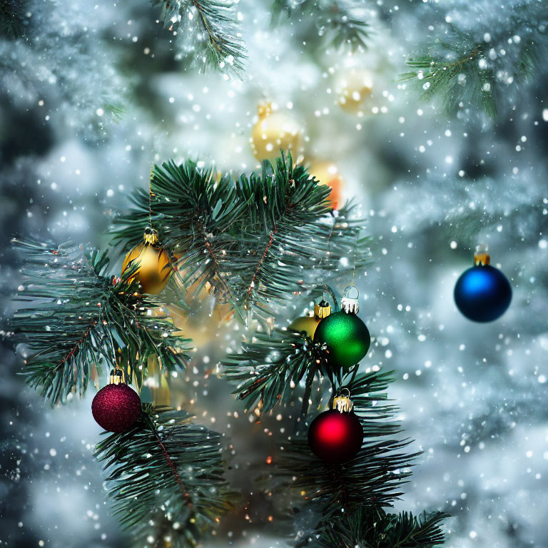 Colorful Ornaments on Festive Christmas Tree in Snowy Setting