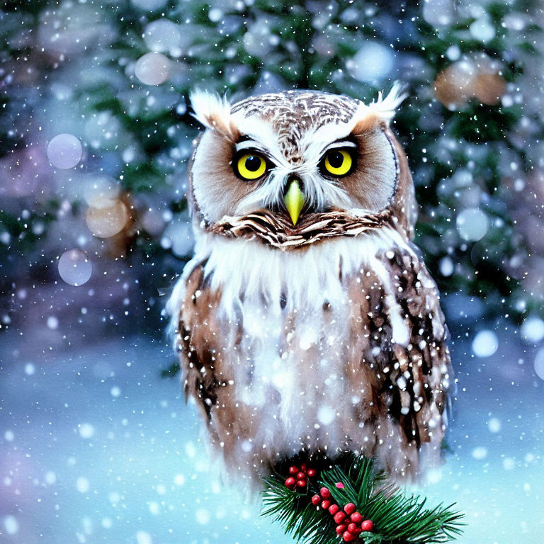 Snow-covered owl with yellow eyes in wintry scene with pine and berries
