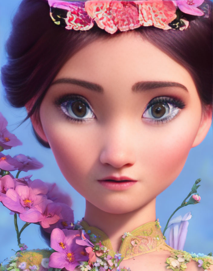 Young female character with big blue eyes and flower headband in digital artwork