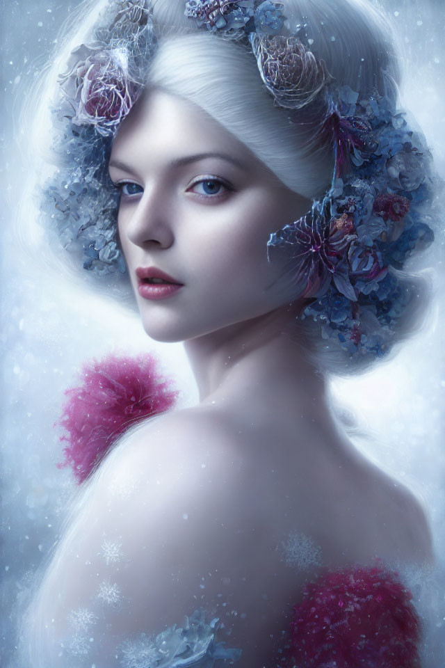 Pale-skinned woman with silver hair and floral crown gazes back, featuring frosty, ethereal