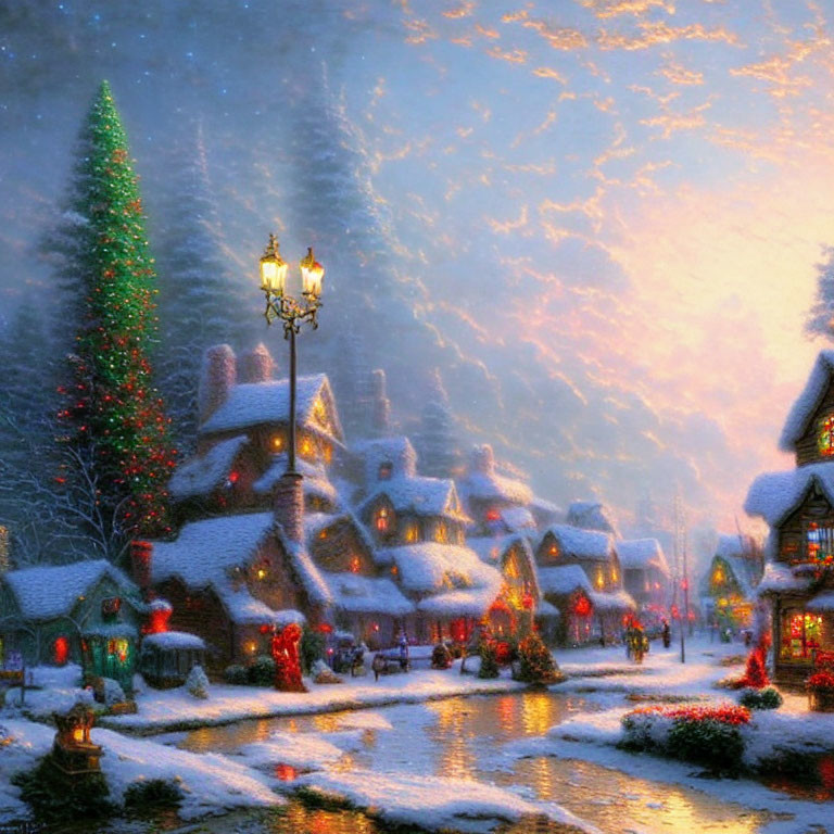 Snowy Christmas village scene with lit tree and street lamp