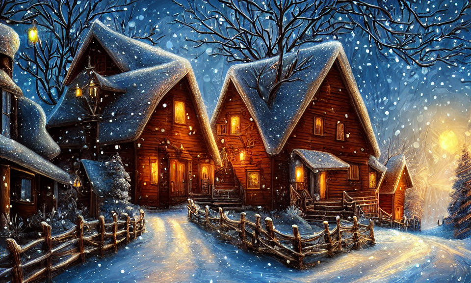 Winter night scene: snow-covered log cabins in forest with glowing windows and lanterns.