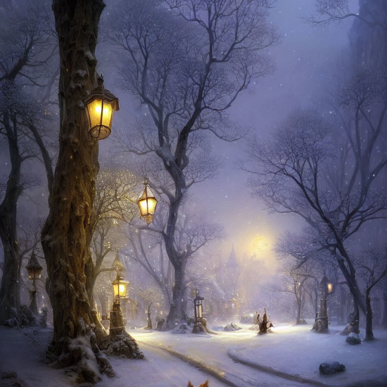 Snow-covered trees and glowing street lamps in serene winter night scene