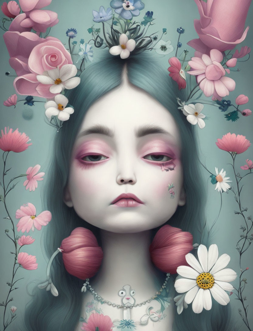 Surreal portrait of a girl with flowers in her hair and pink tresses