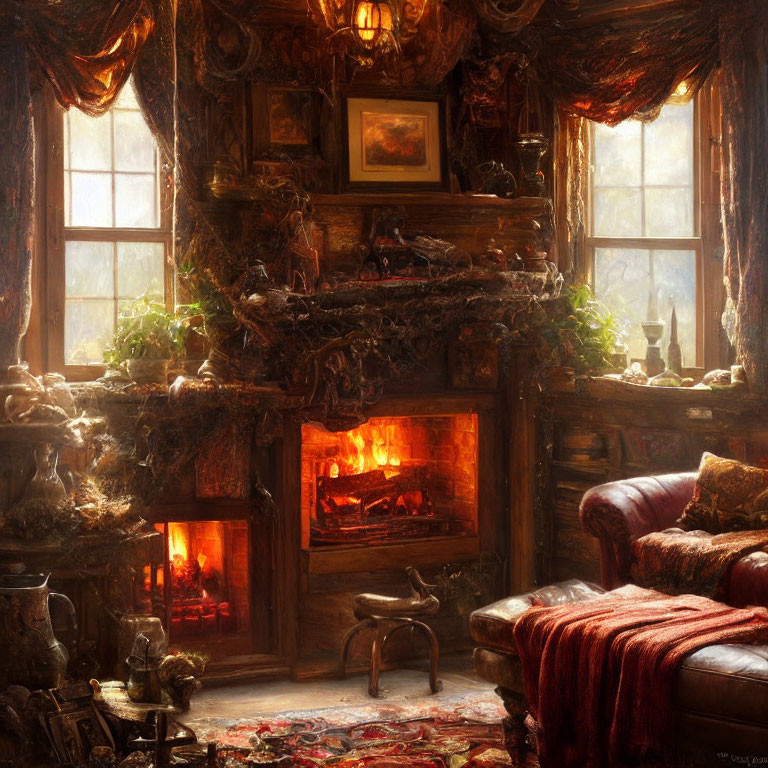 Ornate Room with Fireplace, Drapery, Artwork & Antique Furnishings