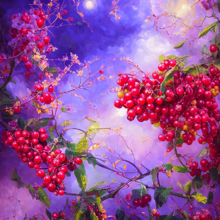 Colorful painting of red berries on branches against mystical purple and blue backdrop