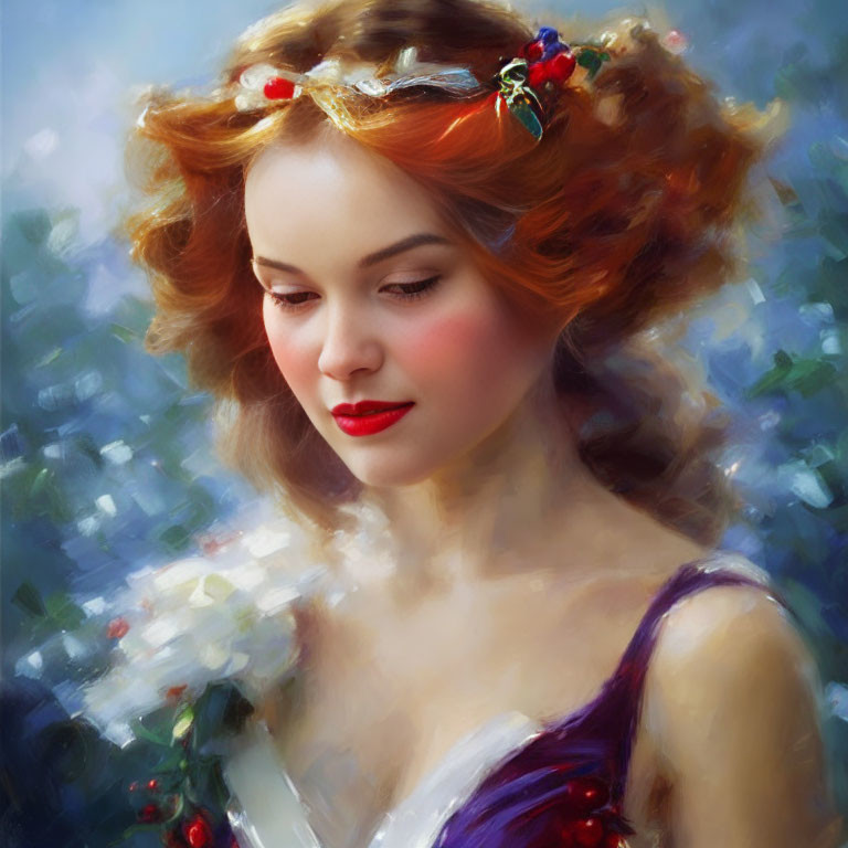 Red-haired woman with floral headband in soft painting style