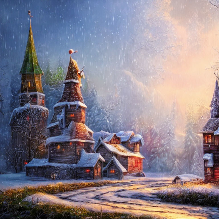 Snow-covered winter village scene with softly lit sky and gentle snowfall