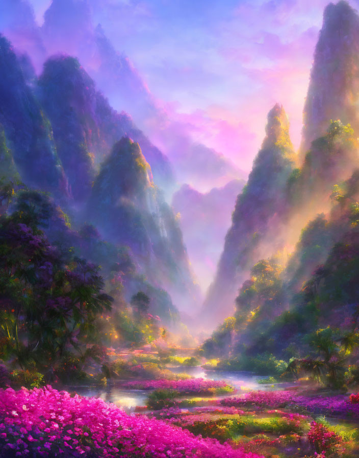 Mystical landscape with mountains, river, and pink flora