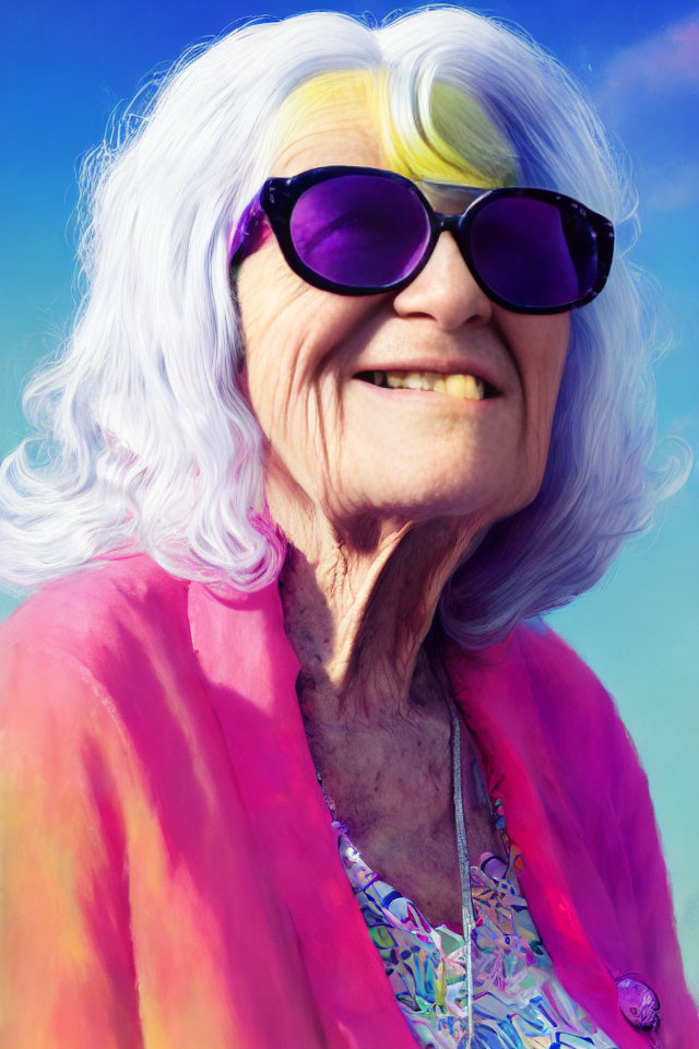 Elderly lady with white hair in purple sunglasses and colorful outfit under blue sky