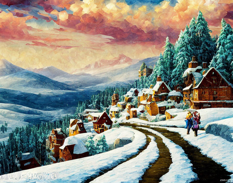 Snowy village scene with colorful skies, trees, and figures walking along a winding path.