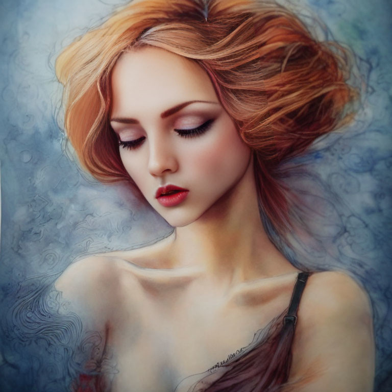 Portrait of a Pensive Woman with Auburn Hair on Dreamy Blue Background