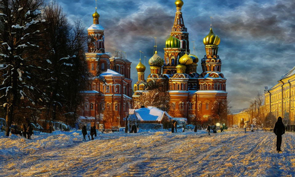 Snowy Path Leading to Vibrant Onion-Domed Cathedral at Dusk