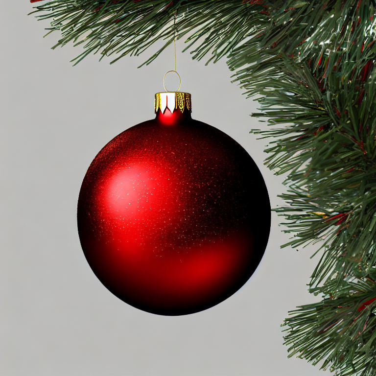 Shiny Red Christmas Bauble Hanging from Green Pine Branch