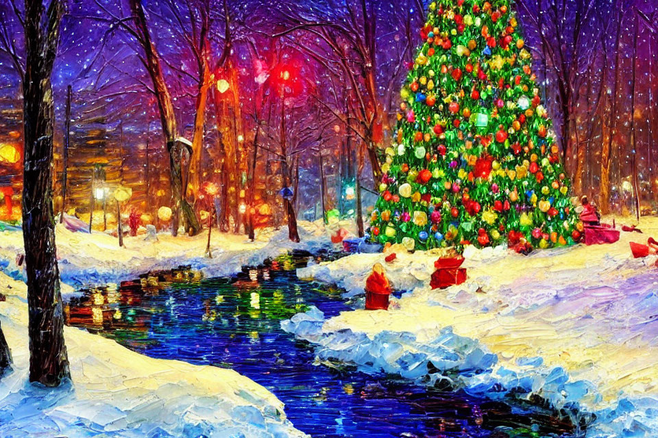 Colorful Snowy Park Scene with Christmas Tree and Festive Lights