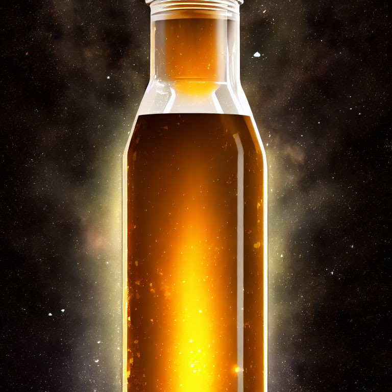 Amber-colored liquid in clear bottle on cosmic background