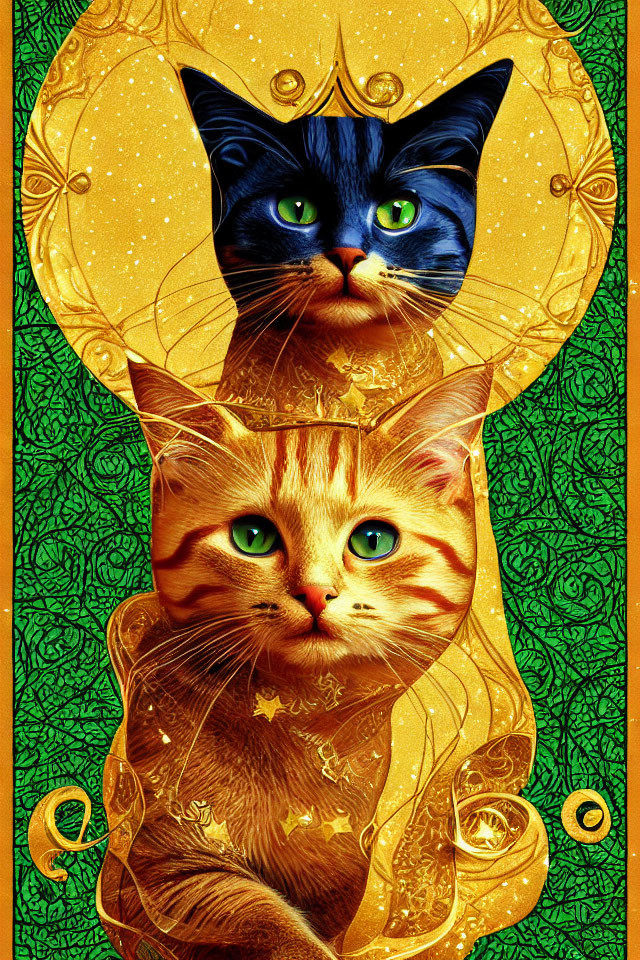 Majestic Cats Illustration on Green and Gold Background