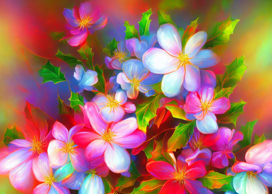 Colorful digital flowers on vibrant rainbow backdrop