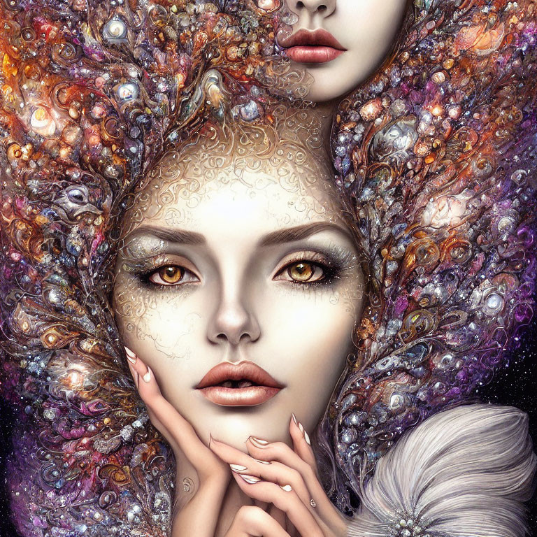 Detailed cosmic-themed illustration of merging women's faces with vibrant colors.