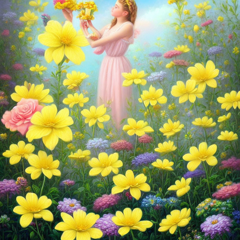 Illustration of fairy in glowing meadow with blooming flowers