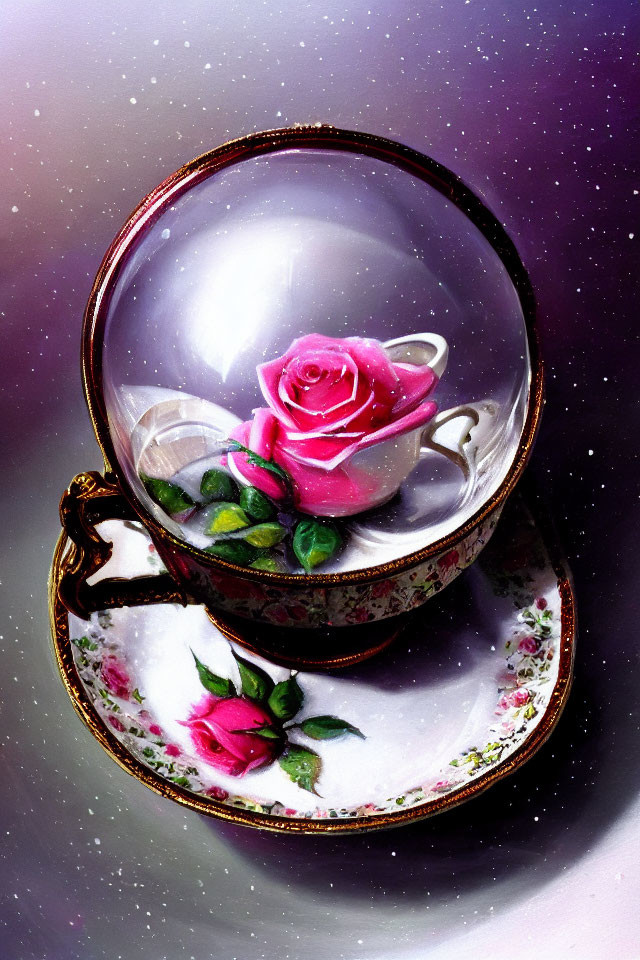 Ornate tea cup with rose in transparent sphere on rose saucer against starry background